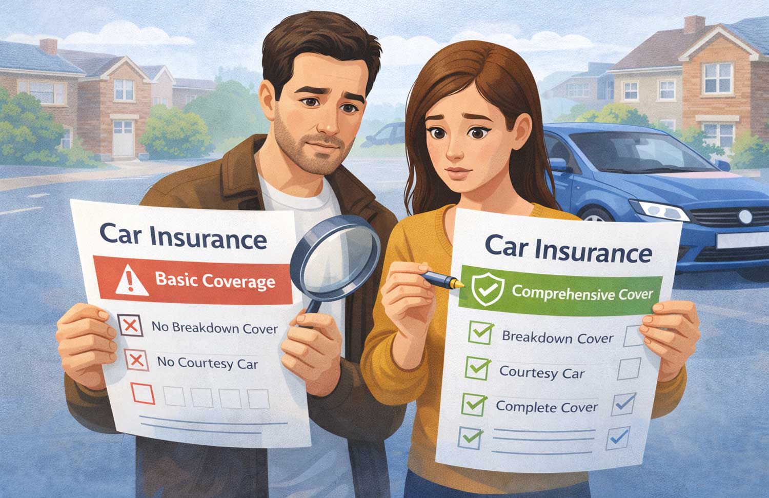Couple comparing car insurance quotes
